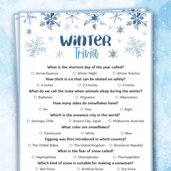 Fun Winter Trivia Game | Printable Wintertime Quiz | Family-friendly Cold Weather, Snow Day Activity | Holiday Kids & Teens Class Party Game