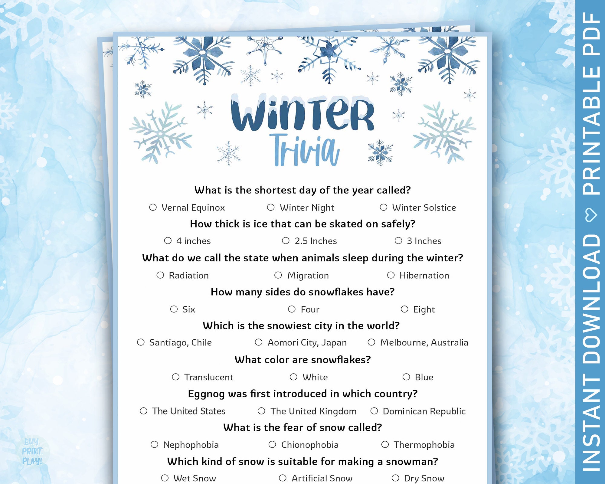 Fun Winter Trivia Game | Printable Wintertime Quiz | Family-friendly Cold Weather, Snow Day Activity | Holiday Kids & Teens Class Party Game