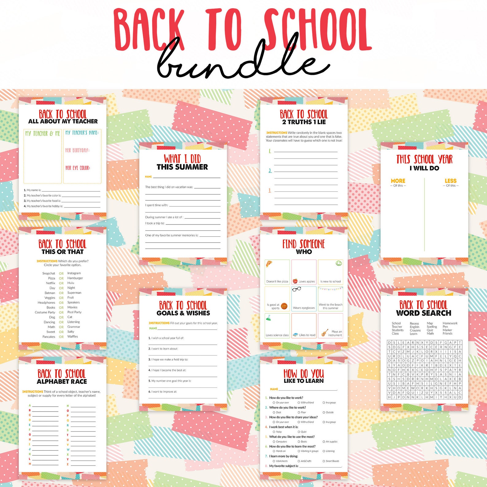 Back to School Printable Games School Activity Bundle Etsy
