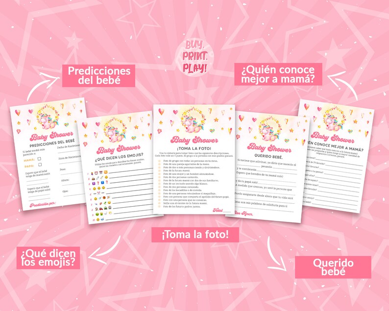 Baby Shower Games in Spanish Juegos Baby Shower De Unicornio Etsy