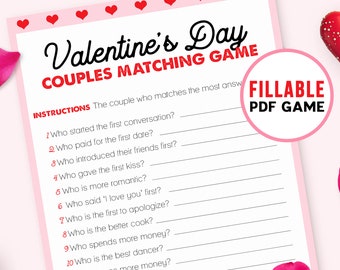 Valentines Couples Game | Couple Matching Game | Printable Games | Virtual Valentines Day Games | Fillable PDF