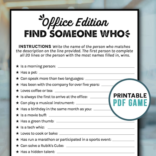 Find Someone Who | Office Party Games | Printable Work Ice Breaker & Team Building | Digital Download