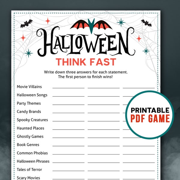 Halloween Think Fast | Party Printable Games for Kids & Adults | Quick Thinking Listing Activity | Digital Download