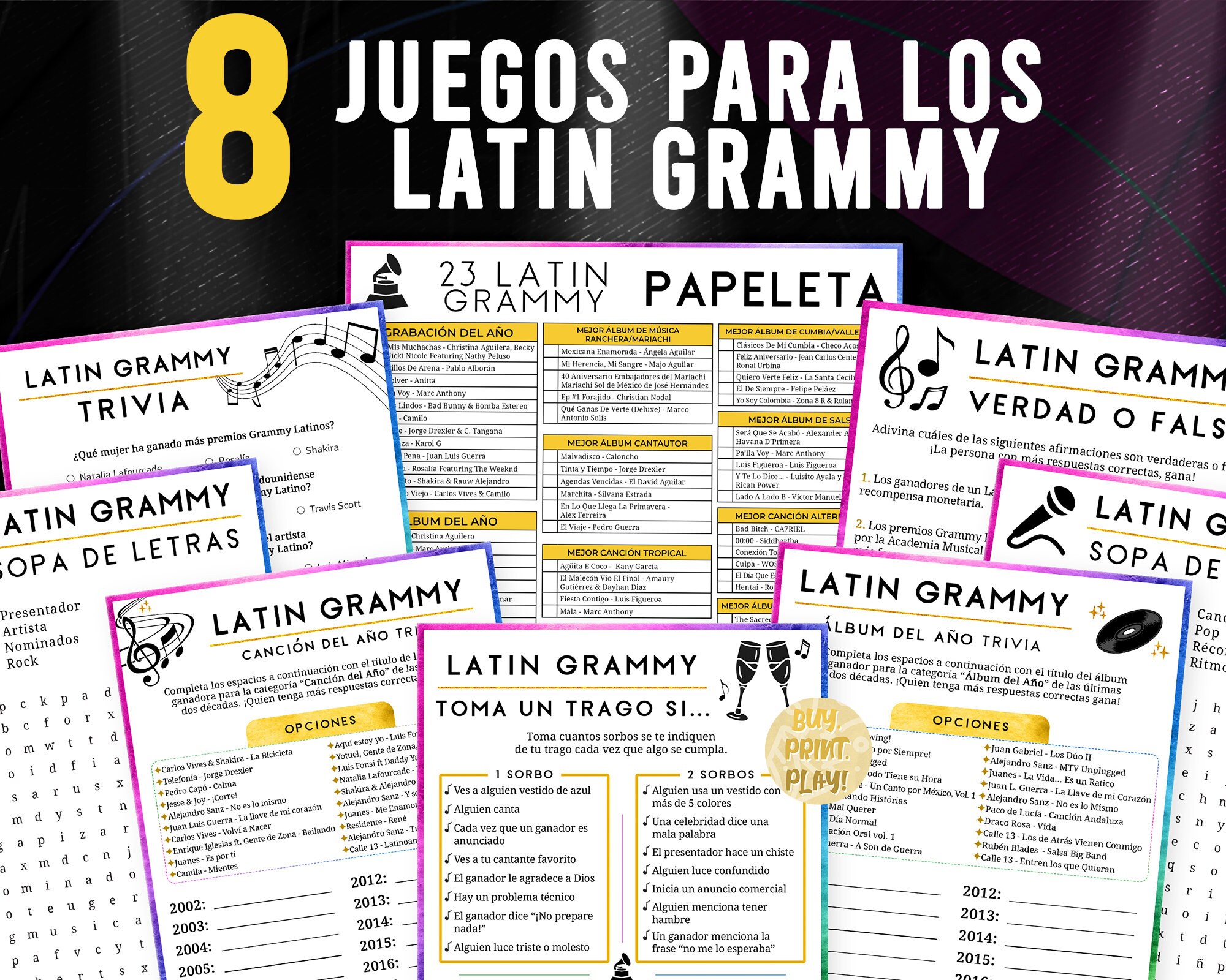 Latin Grammys Party Games Bundle Juegos Latin Grammy En - Etsy