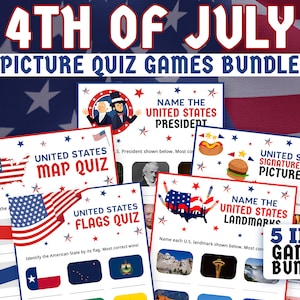 4. Juli Bild Quiz Spiele Bundle | 5 Trivias für den Unabhängigkeitstag der USA, den Gedenktag, den Tag der Arbeit | Patriotische Aktivitäten