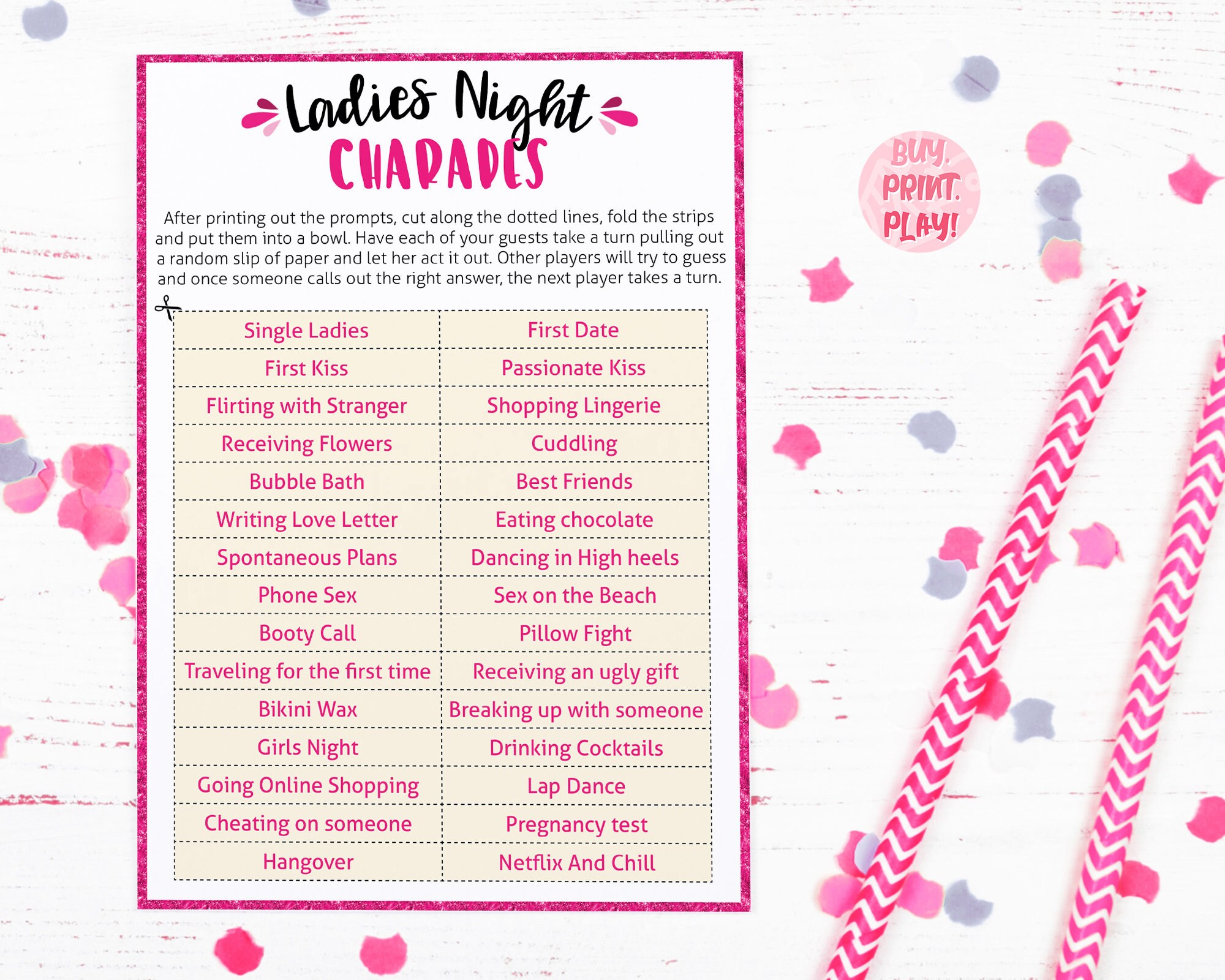 Ladies Night 30 Charades Prompts Printable Games for Adults Etsy