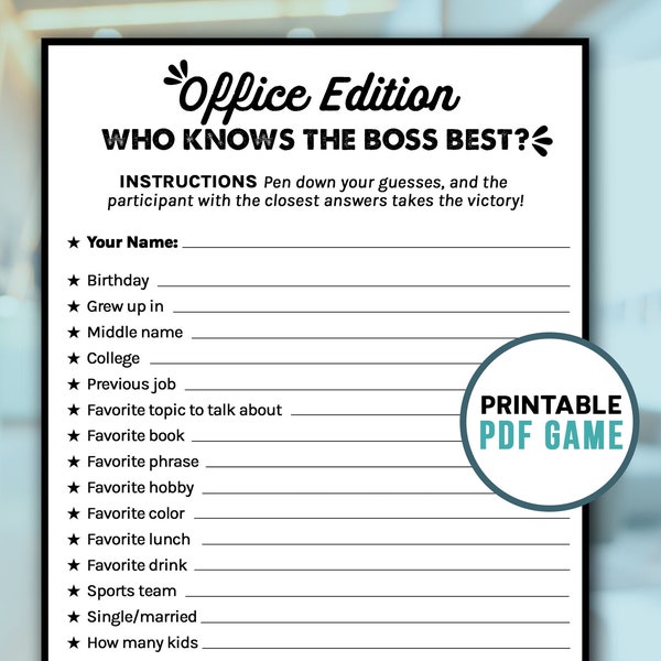 Who Knows the Boss Best Trivia | Office Party Games | Boss Retirement & Workplace Printable | Digital Download