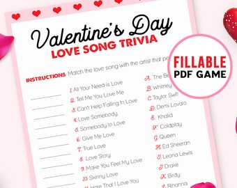 Valentines Games - Love Song Trivia | Valentines Day Virtual Party | Song Quiz Game | Printable Game