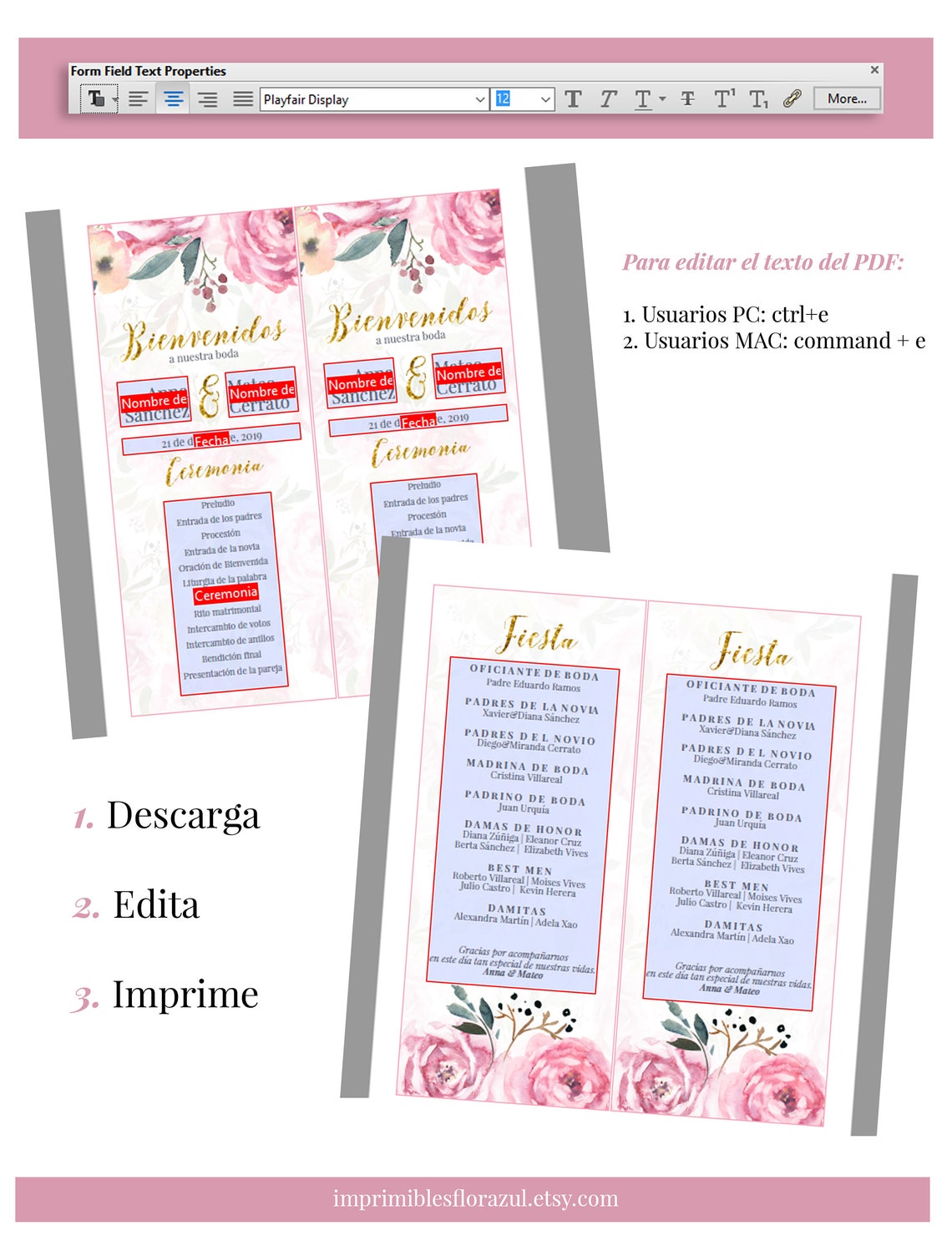 Printable Wedding program in spanish editable design Etsy