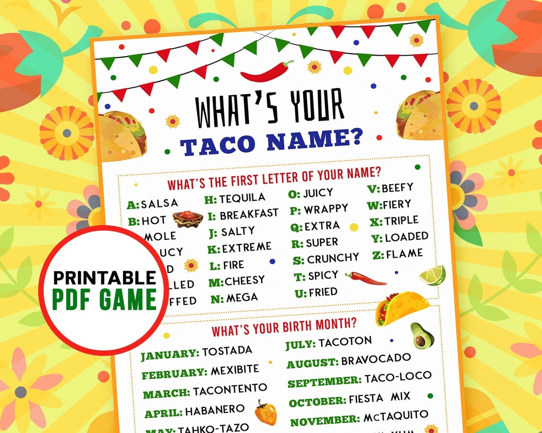 Whats Your Taco Name Cinco De Mayo Games Party Printables for Kids
