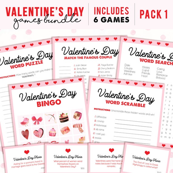 6 Valentines Day Games  Printable Activity for Class Party