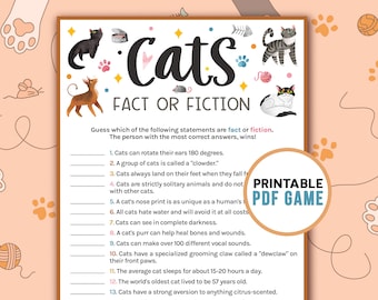 Cat Trivia - Fact or Fiction | Printable Party Games | Cat Lovers True or False | Digital Download