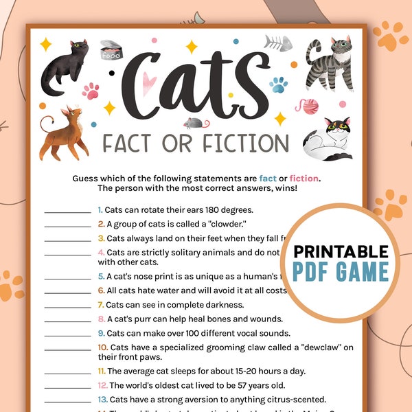 Cat Trivia - Fact or Fiction | Printable Party Games | Cat Lovers True or False | Digital Download