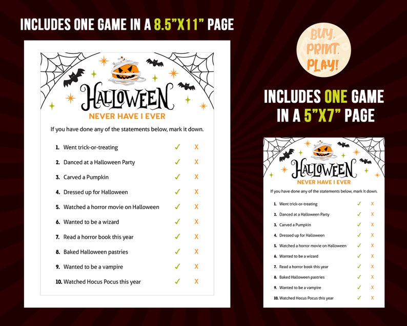 Halloween Games Never Have I Ever Ever or Never Trivia Spooky Party Printables Digital Download image 4