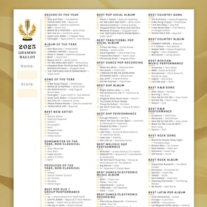 Printable 2025 Grammys Voting Ballot | Predictions Game for Television ...