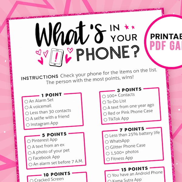 What's in your phone | Fun Ladies Night Games | Girls Night Games | Hen Party Printable Games | Bachelorette Game | Includes Free Bingo