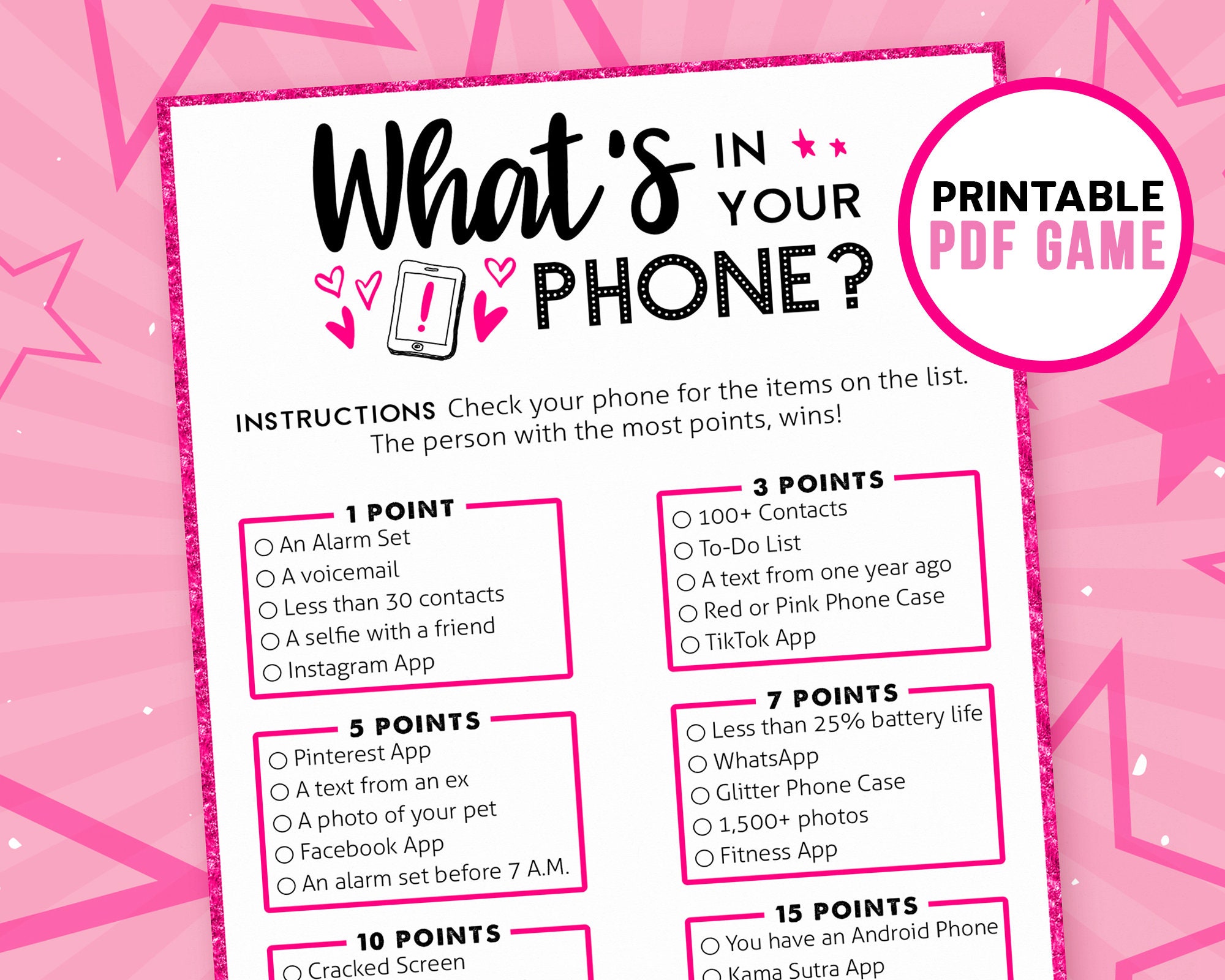 What's in Your Phone Fun Ladies Night Games Girls Night Games Hen Party Printable Games Bachelorette Game Includes Free Bingo - Etsy