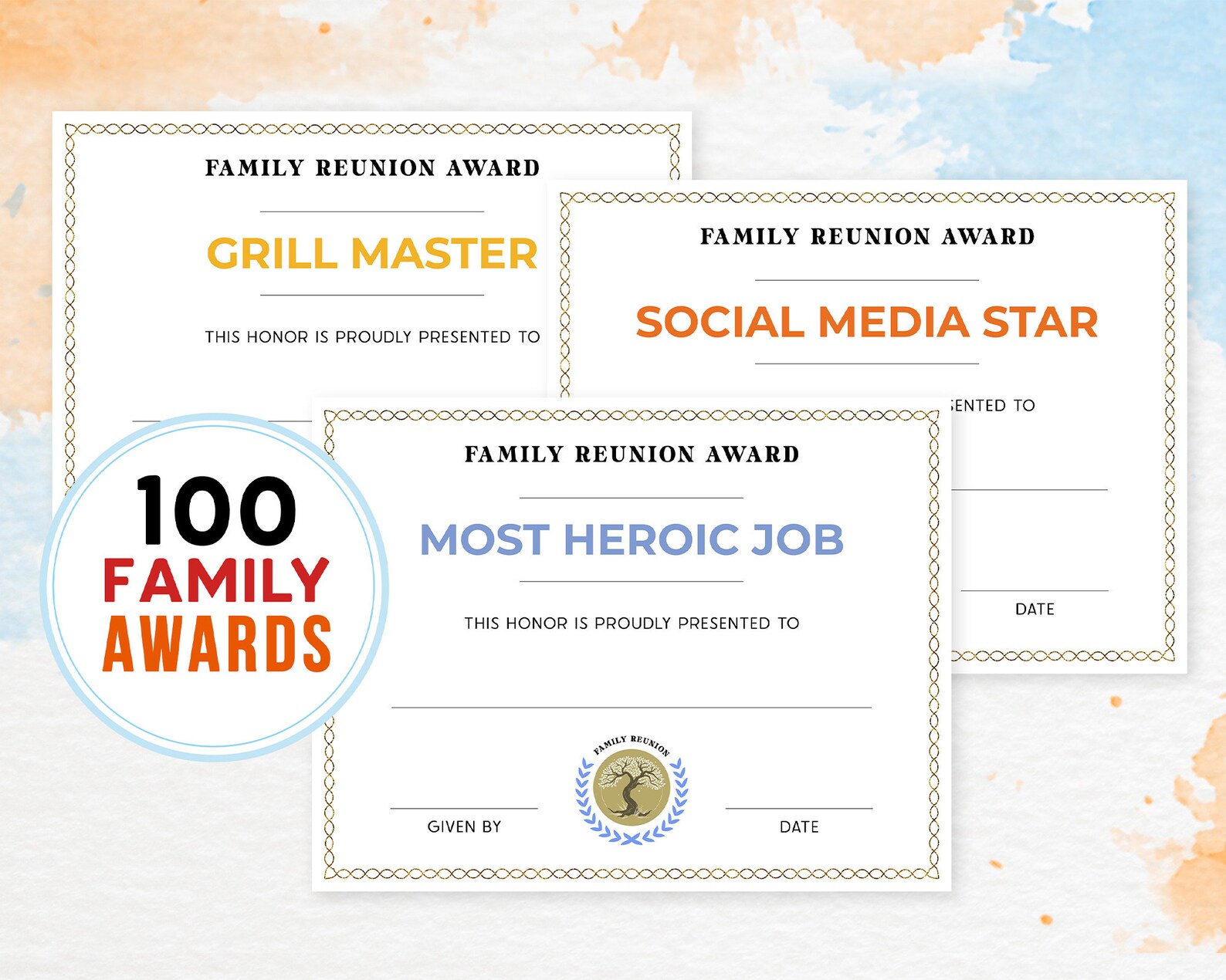 Family Reunion Awards 100 Family Gathering Certificates Printable