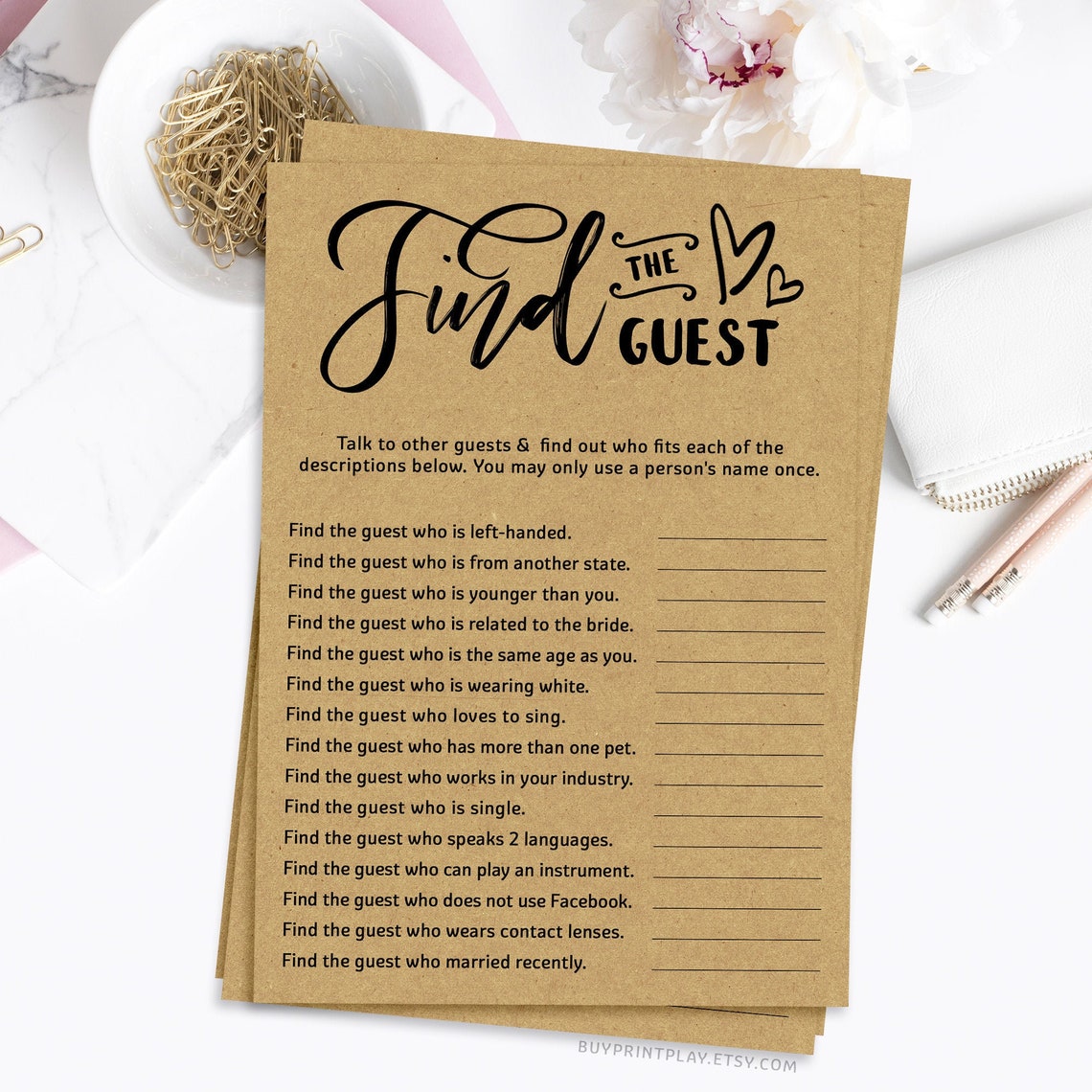 Find the guest Printable Bridal Shower Games Rustic kraft | Etsy