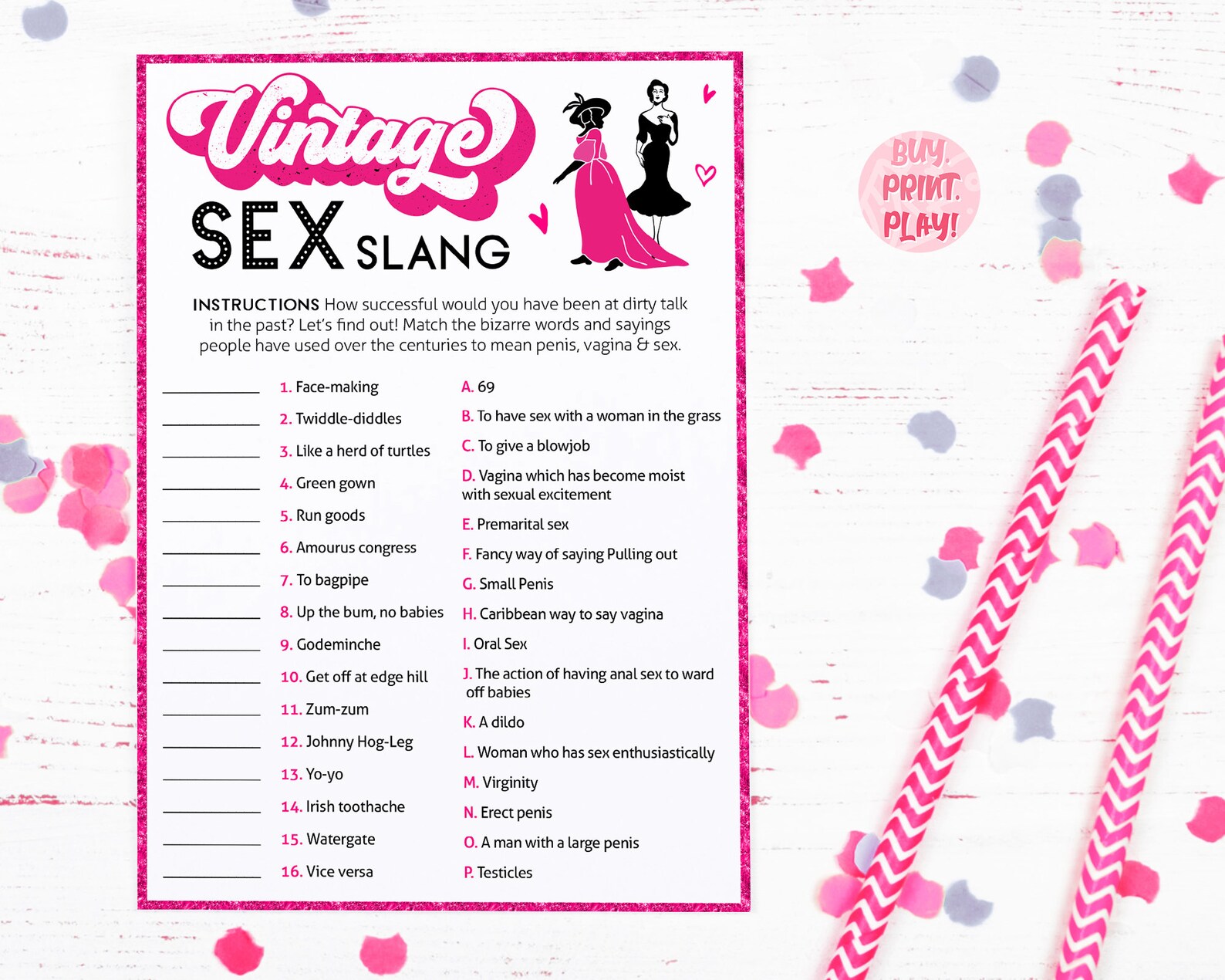 Ladies Night Vintage Sex Slang Trivia Party Games for Adults Naughty