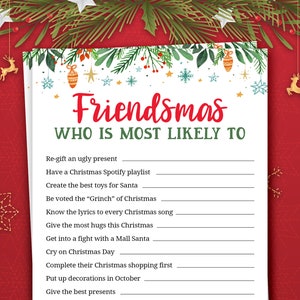 Friendsmas Who is Most Likely To | Christmas Games for Adults | Xmas Holiday Party Activities for groups | Fun Friends Gathering Printable