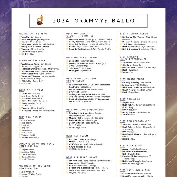Grammy Awards Ballot with 22 Major Categories | Printable Predictions Game - Fun Addition to Your Academy Ceremony Group Watch Party