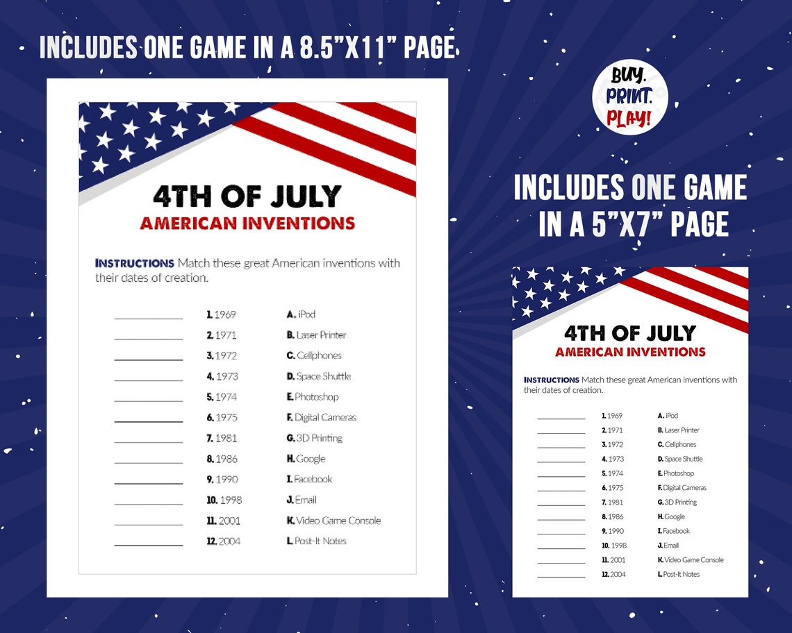 Fourth of July Trivia Game American Inventions US - Etsy