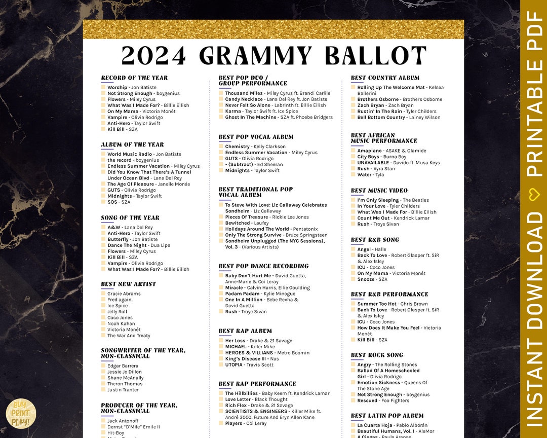 2024 Grammys Ballot for 66th Music Awards Printable Predictions Game