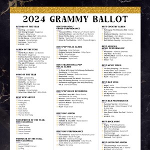 2024 Grammys Ballot for 66th Music Awards Printable Predictions Game ...