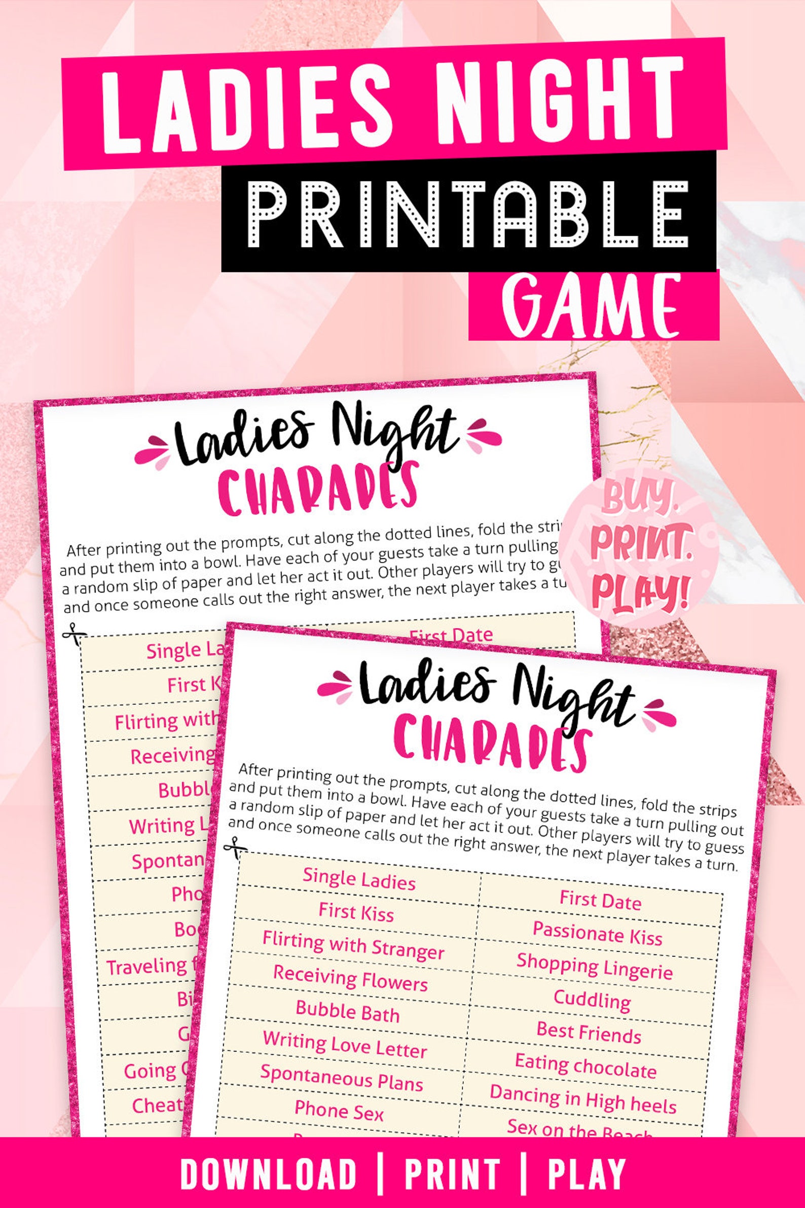 Ladies Night 30 Charades Prompts Printable Games for Adults - Etsy