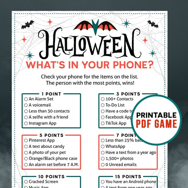 Printable Halloween Games - Whats in your phone? | Family & Office Party Activities | Digital Download