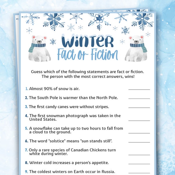 Winter Fact and Fiction Trivia / True or False Quiz | Fun Wintertime Games for Snow Day and Cold Weather | Class Party Printable Activity