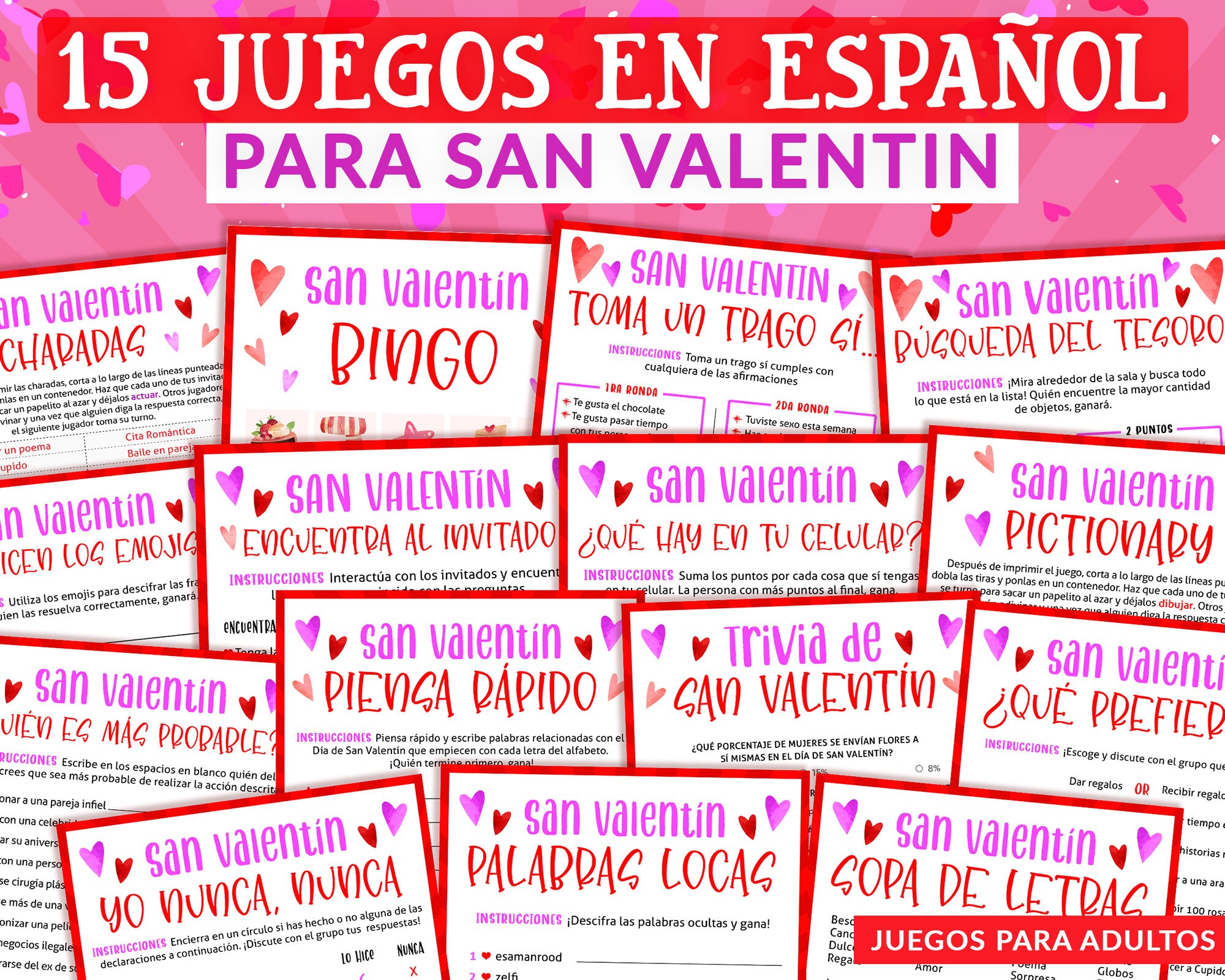 15 Juegos de San Valentin para adultos / Pacchetto giochi di San Valentino spagnoli per adulti / Attività stampabili / Download digitale