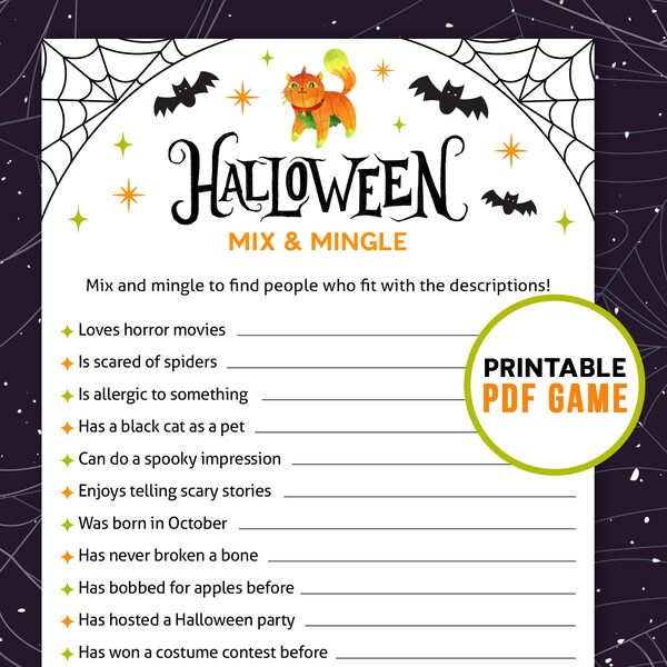 Halloween Party Games - Mix and Mingle | Find the guest Printable Activity | Find Someone Who Ice Breaker Activity