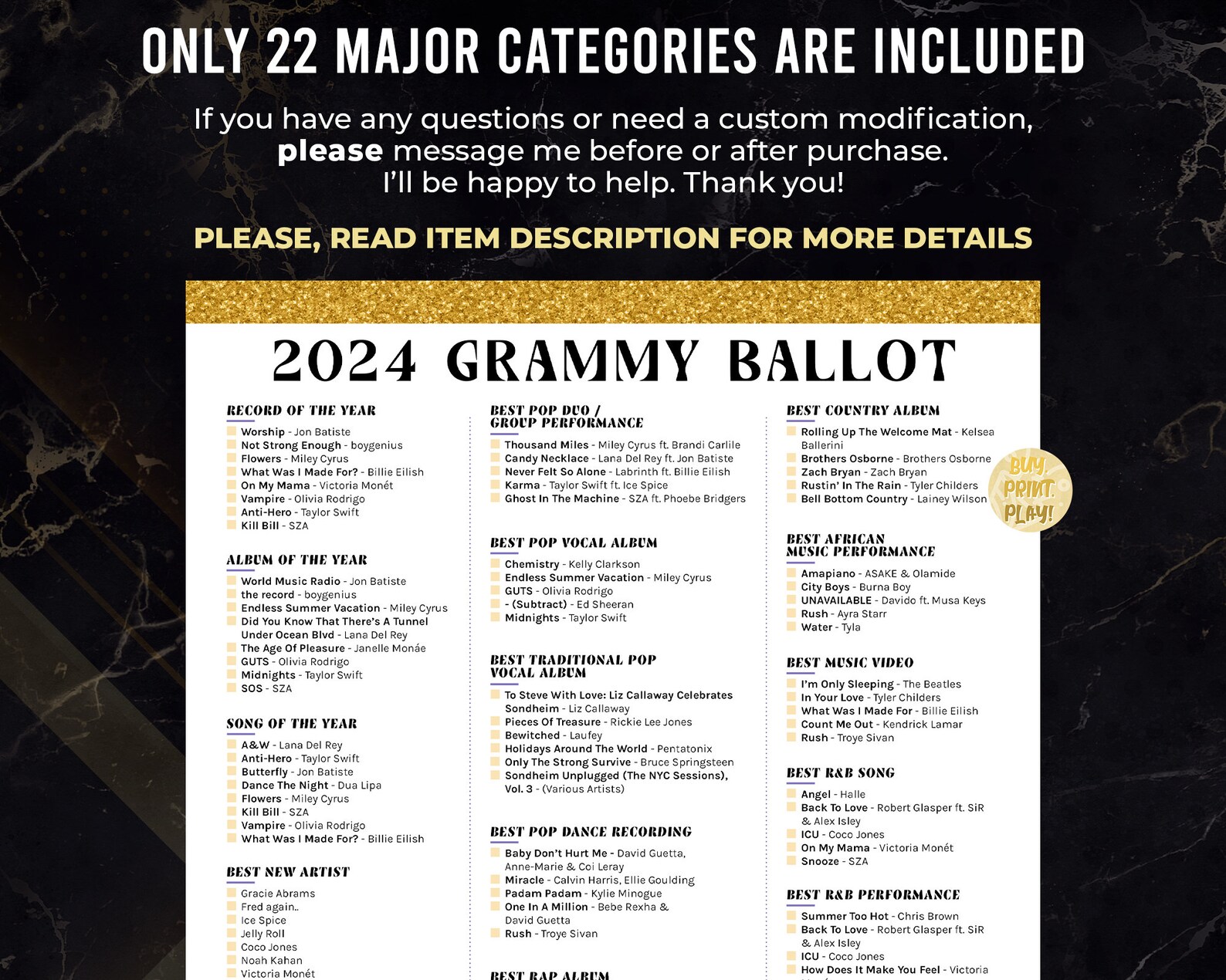 2024 Grammys Ballot for 66th Music Awards Printable Predictions Game ...