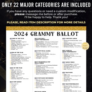 2024 Grammys Ballot for 66th Music Awards Printable Predictions Game ...