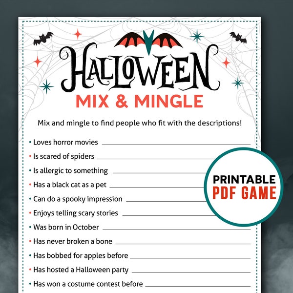 Halloween Mix and Mingle | Party Printable Games | Find the Guest Ice Breaker Activity | Find someone who