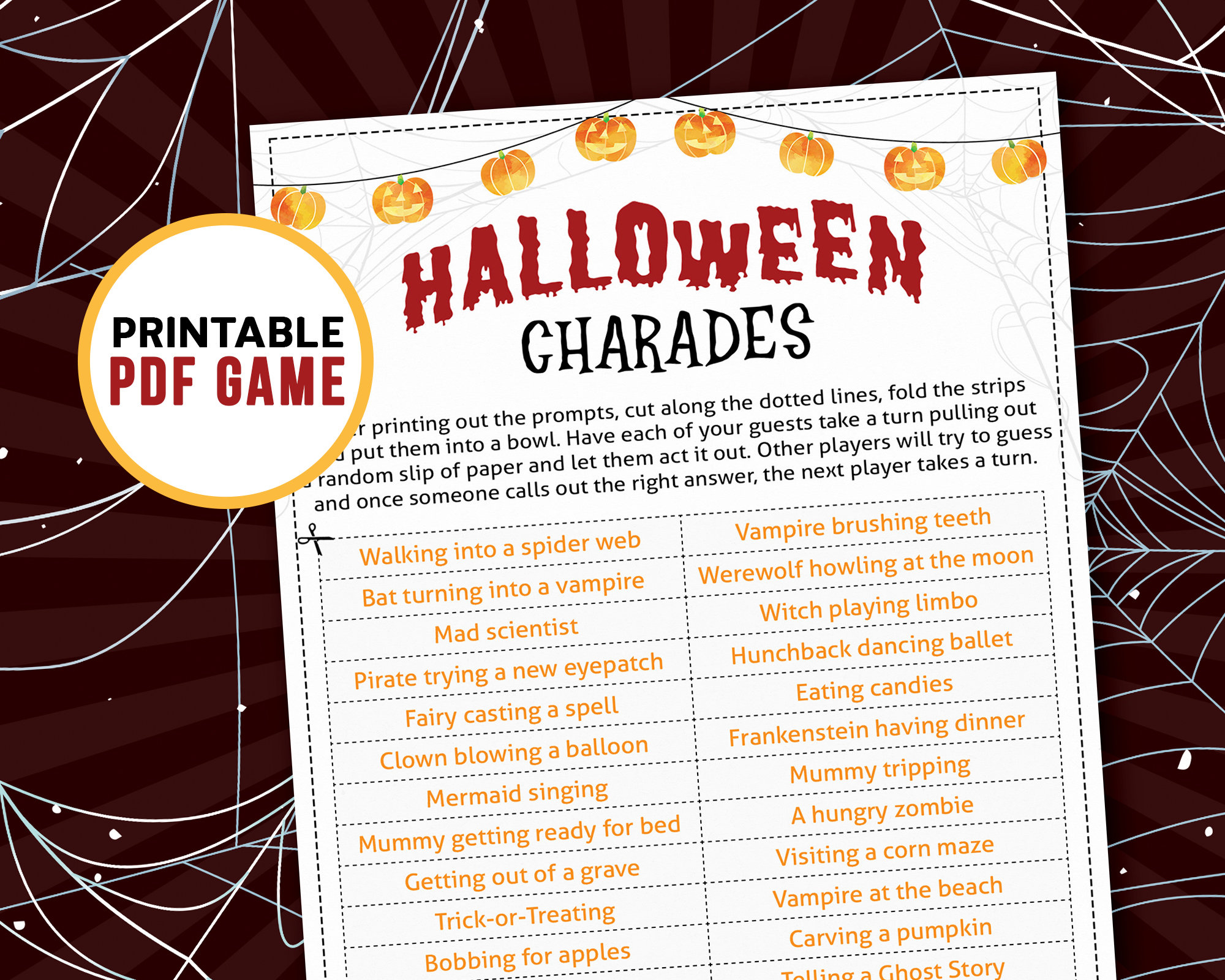 Printable Halloween Charades Prompts Halloween Games for Etsy UK