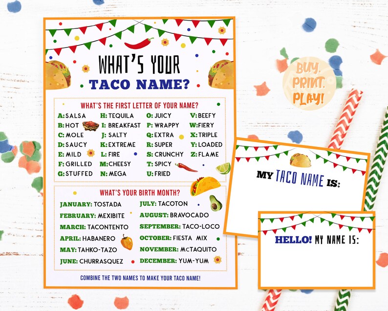 Whats Your Taco Name Cinco De Mayo Games Party Printables Etsy