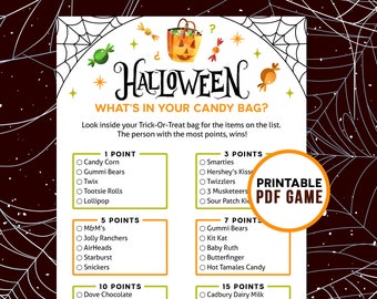 Halloween Games - Whats in your candy bag | Spooky & Fun Trick or Treat Party Printables for Kids and teens