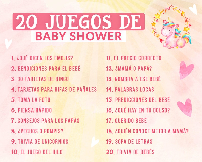 Baby Shower Games in Spanish Juegos Baby Shower De Unicornio Etsy