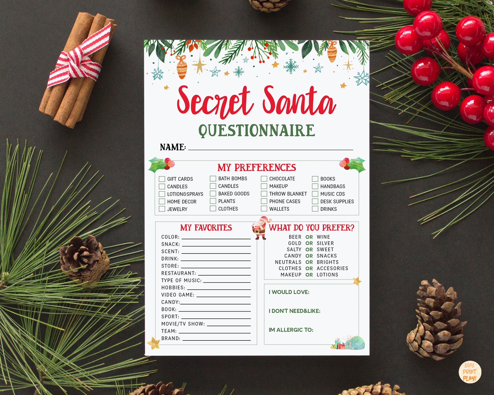 Secret Santa Exchange Questionnaire & Sign up Sheet - Etsy