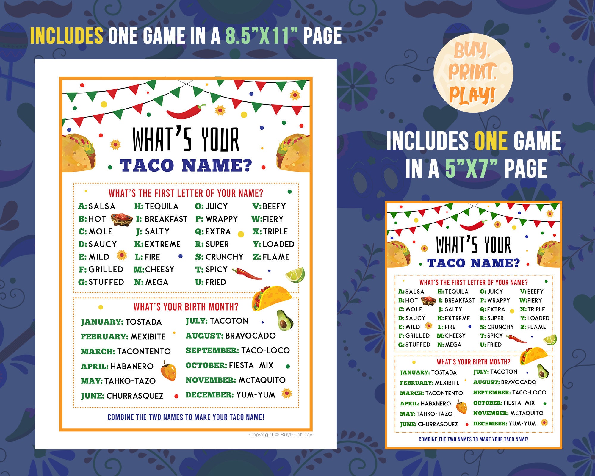 Whats Your Taco Name Cinco De Mayo Games Party Printables | Etsy Canada