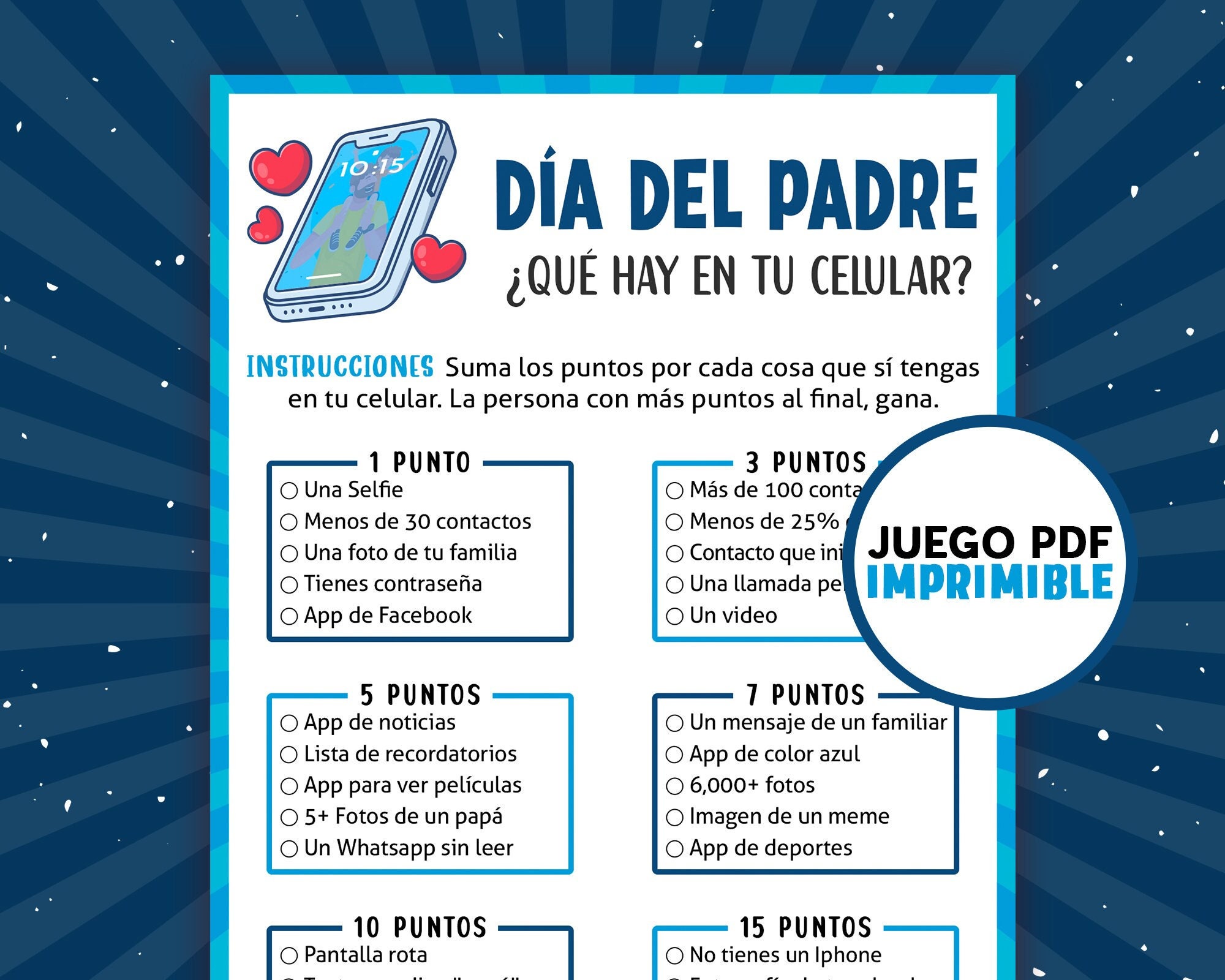 Vatertagsspiel auf Spanisch - Was ist auf deinem Handy? | Juegos del Dia del Padre en Español | Aktivität für Kinder & Erwachsene | Digitaler Download