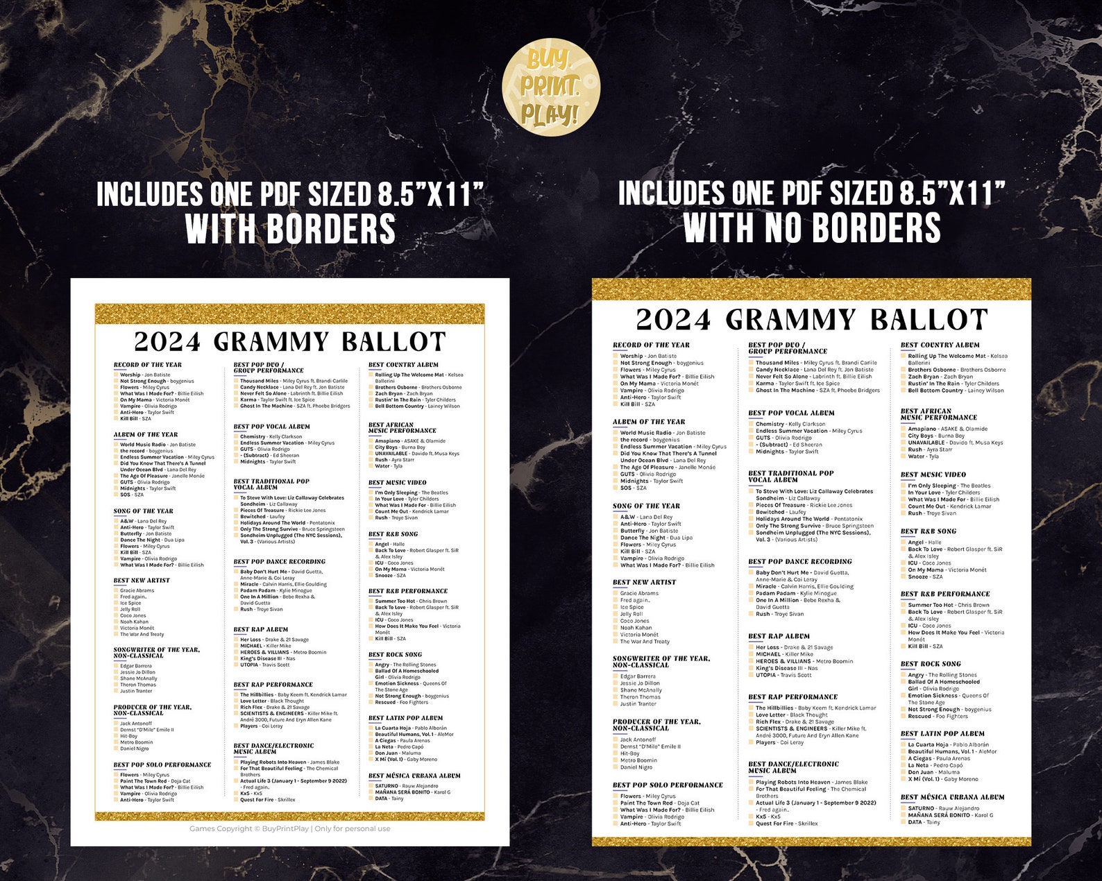 2024 Grammys Ballot for 66th Music Awards Printable Predictions Game ...