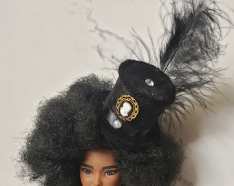 Closed Bottom Victorian Style Hollow Tiny Fascinator Top Hat Barbie Doll Pet Plushie Hat Black, White, Emerald Green, Purple, Blue w/Feather