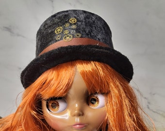 Blythe Doll Hollow Steampunk Open Bottom Top Hat w/ Side Feather  Black, Brown, White, Red, Pink, Blue, Purple, Green, Gold, w/ Watch Gears