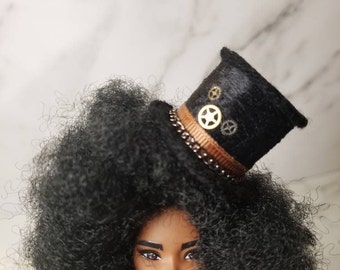 Tiny Black Steampunk Closed Bottom Top Hat Barbie Doll Pet Plushie Hat Black with Watch Gears #1