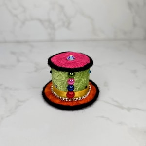 Neon Clown Rhinestone Pearl Glamor Colorful Tiny Top Hat Fascinator w/Feather Halloween Costume Accessory Spooky Season