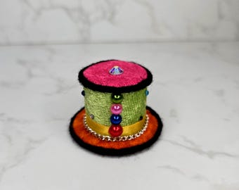 Neon Clown Rhinestone Pearl Glamor Colorful Tiny Top Hat Fascinator w/Feather Halloween Costume Accessory Spooky Season